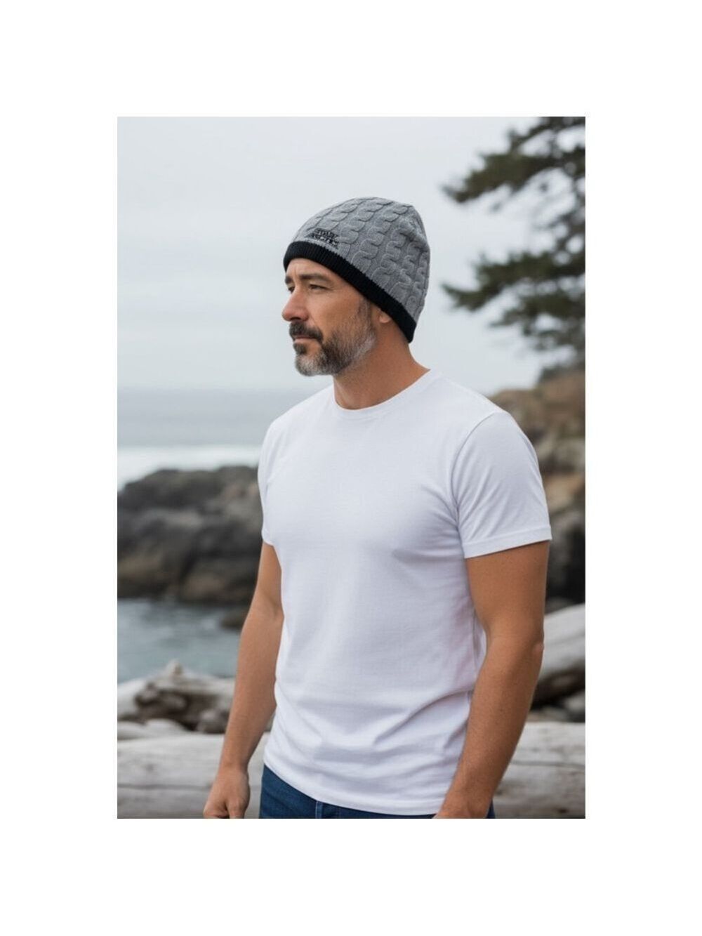 Team Arctic Gray Black Cable Knit Beanie One Size